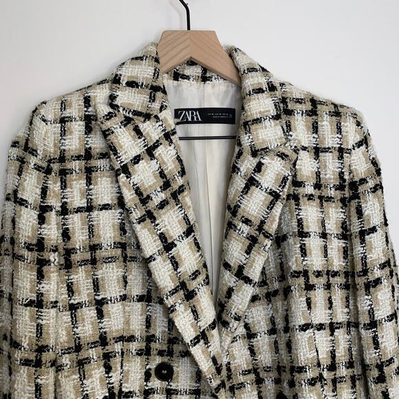 Zara Women Taupe Brown Lapel Collar Longline Textured Plaid Blazer Medium - Picture 10 of 16